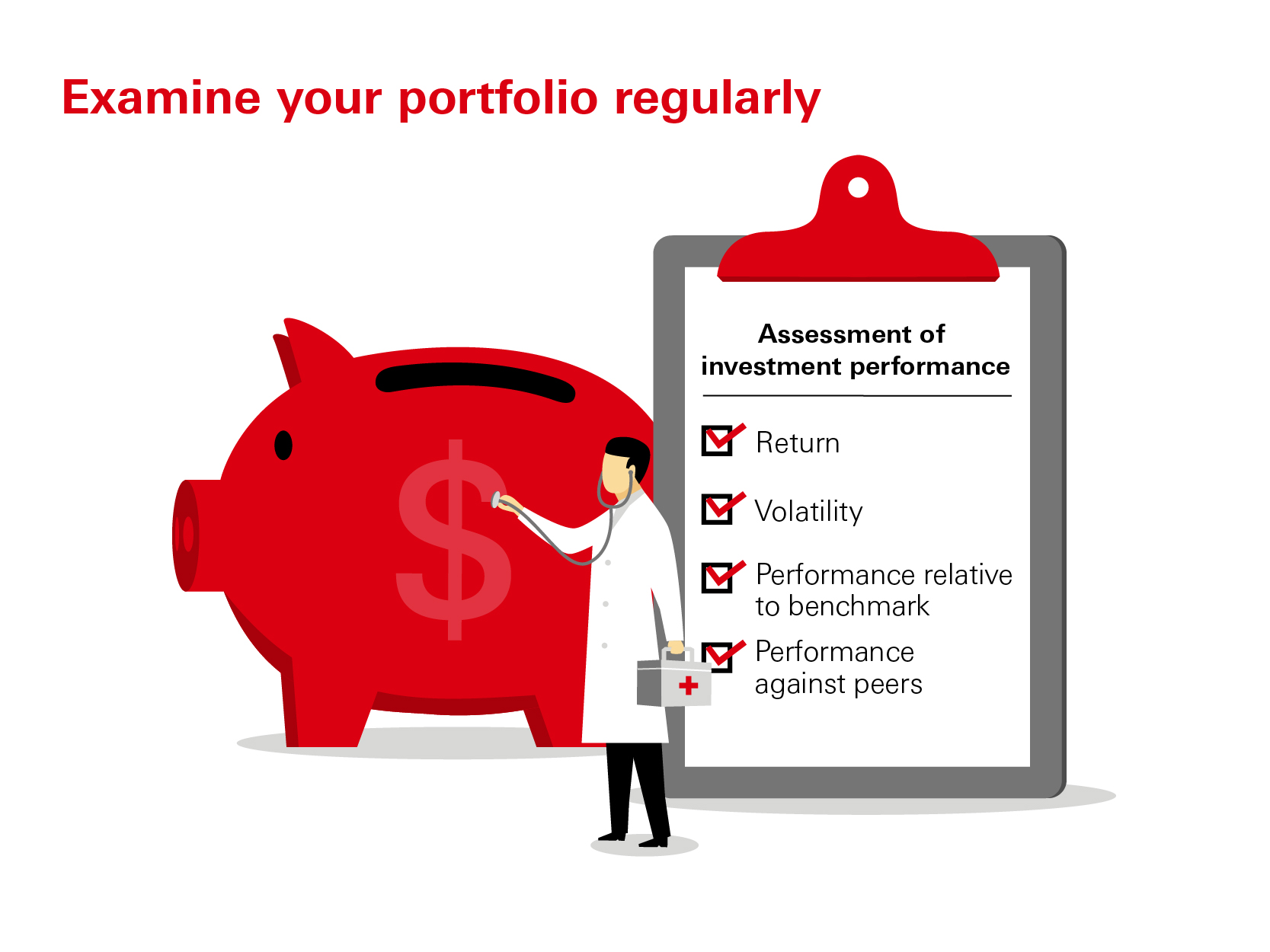 Examine your portfolio regularly – assess the return, volatility, performance relative to benchmark and performance against peers from time to time. 