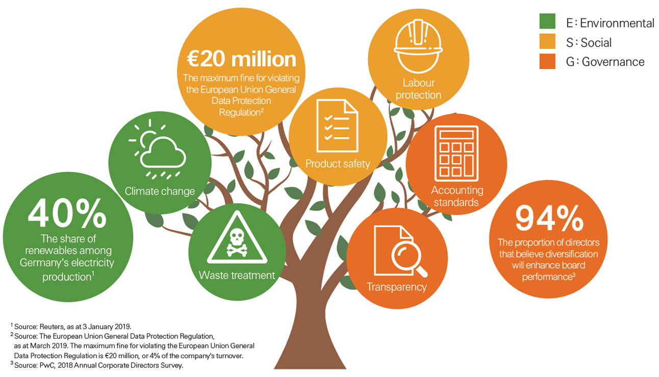 Examples of how the ESG concept has gained increasing importance in recent years. On the environmental front, according to Reuters, renewables account for 40% of Germany’s electricity production. On the social front, the maximum fine for violating the European Union General Data Protection Regulation is EUR 20 million. On the governance front, the 2018 Annual Corporate Directors Survey by PwC shows that 94% of directors believe that diversification will enhance board performance.